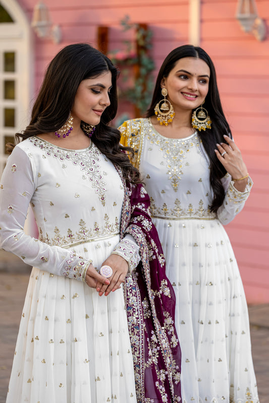 Elegant Embroidered Faux Georgette Gown Set – A Blend of Grace & Glamour