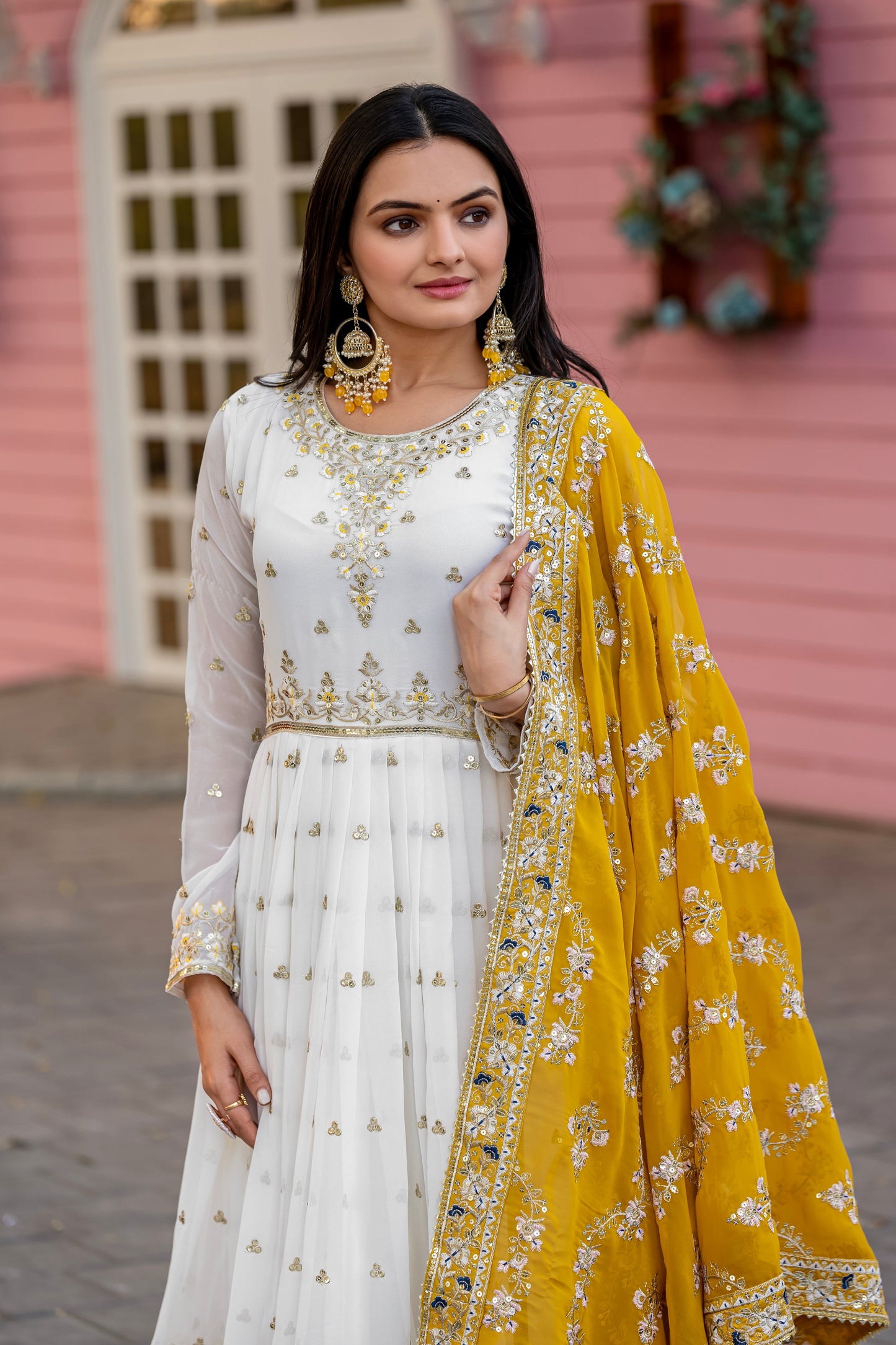 Elegant Embroidered Faux Georgette Gown Set – A Blend of Grace & Glamour
