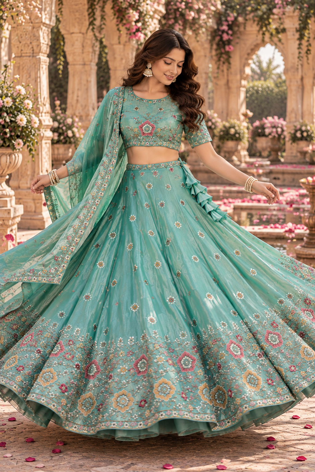 Aqua Blue Lehenga with Multicolor Floral Embroidery