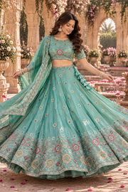 Aqua Blue Lehenga with Multicolor Floral Embroidery