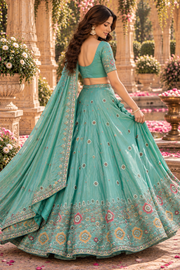 Aqua Blue Lehenga with Multicolor Floral Embroidery