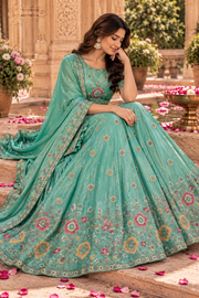 Aqua Blue Lehenga with Multicolor Floral Embroidery