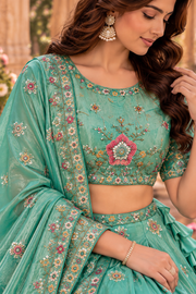 Aqua Blue Lehenga with Multicolor Floral Embroidery