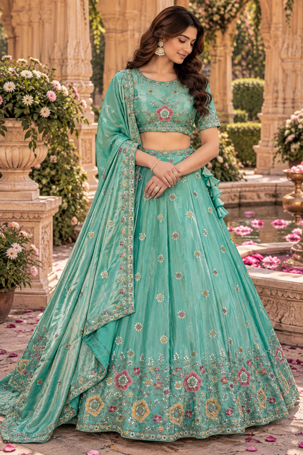 Aqua Blue Lehenga with Multicolor Floral Embroidery