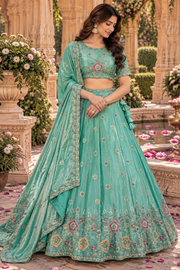Aqua Blue Lehenga with Multicolor Floral Embroidery