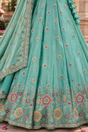 Aqua Blue Lehenga with Multicolor Floral Embroidery