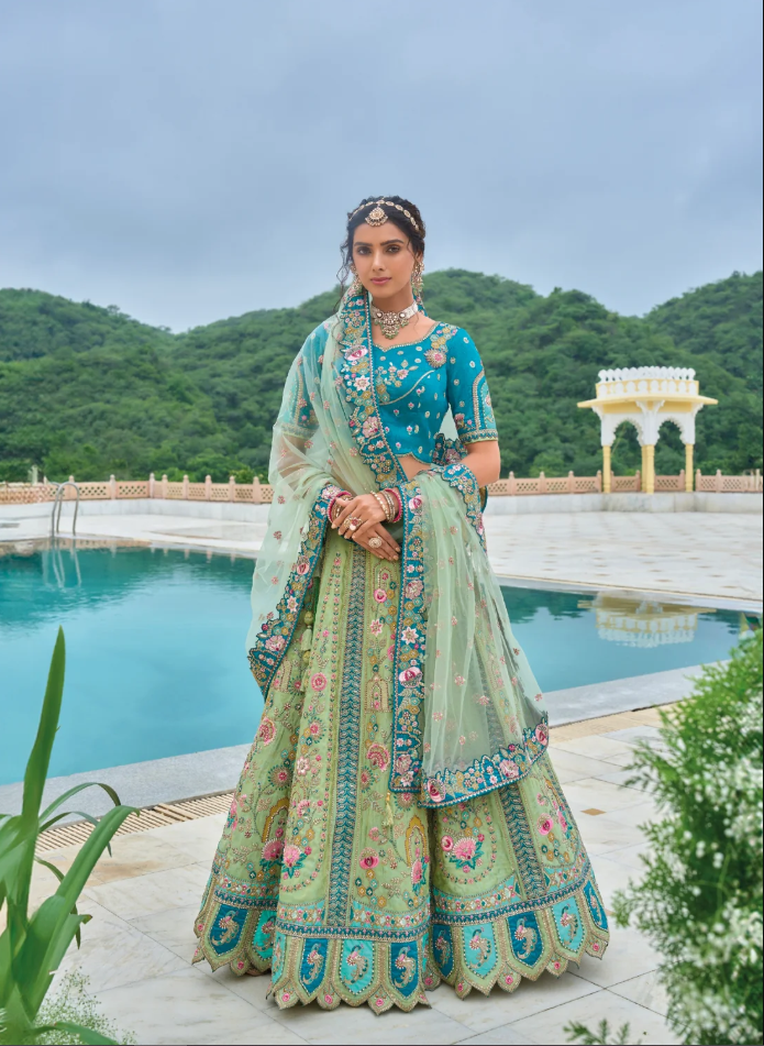 Aqua Blue and Mint Green Embroidered Lehenga with Dupatta
