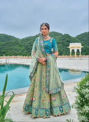 Aqua Blue and Mint Green Embroidered Lehenga with Dupatta