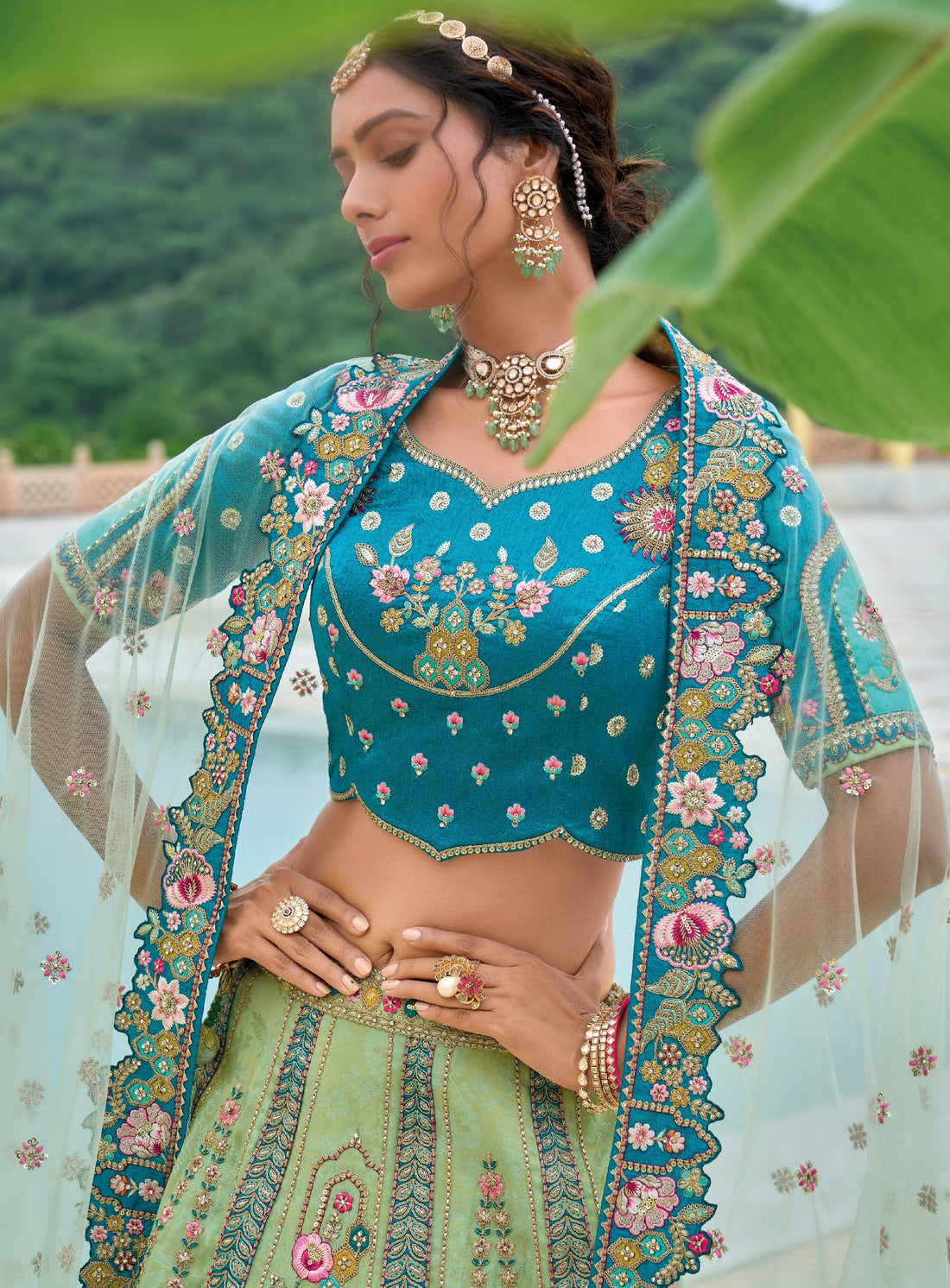 Aqua Blue & Mint Green Embroidered Lehenga Choli with Dupatta