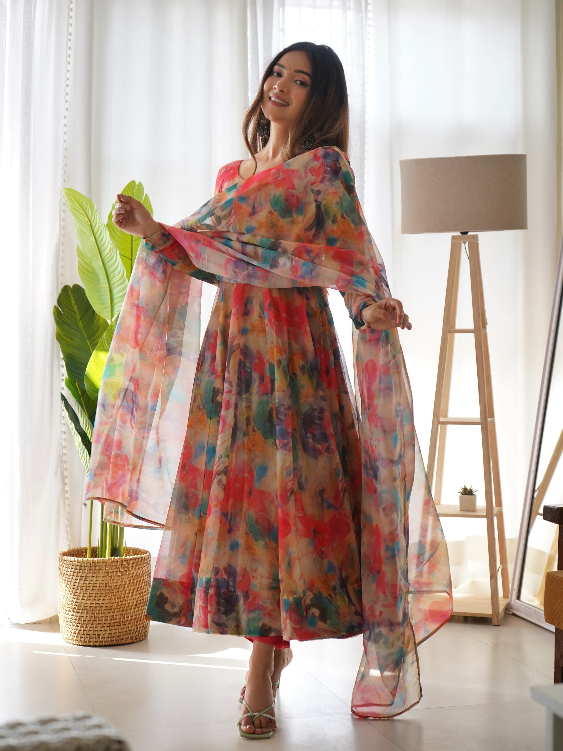 Elegant Soft Organza Silk Floral Designer Anarkali Pant Suit - Ethnicwish