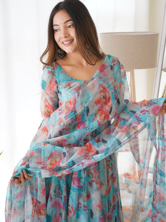 Elegant Soft Organza Silk Floral Designer Anarkali Pant Suit - Ethnicwish