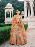 Beige Gold Embroidered Fancy Silk Bridal Lehenga with Orange Net Dupatta