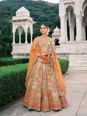 Beige Gold Embroidered Fancy Silk Bridal Lehenga with Orange Net Dupatta