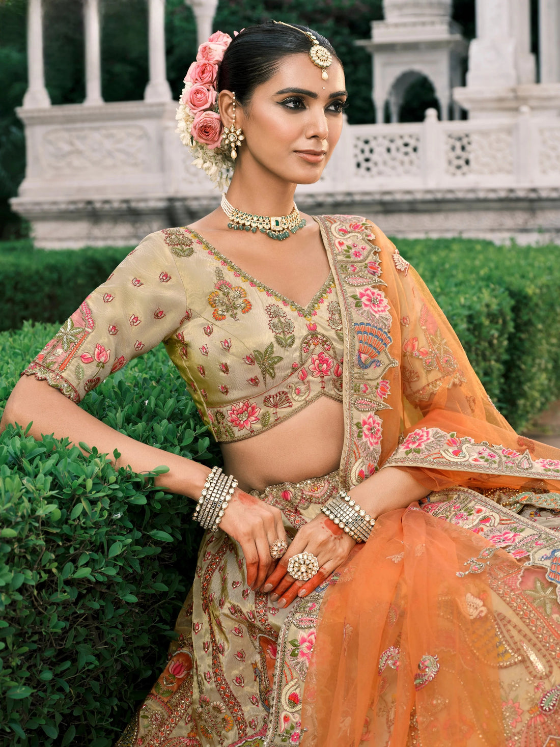 Beige Gold Embroidered Fancy Silk Bridal Lehenga with Orange Net Dupatta