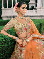 Beige Gold Embroidered Fancy Silk Bridal Lehenga with Orange Net Dupatta