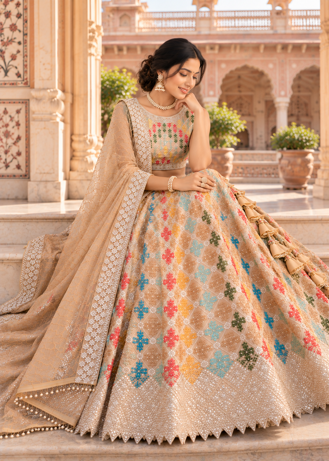 Beige Multicolor Star Georgette Sequin Lehenga Choli