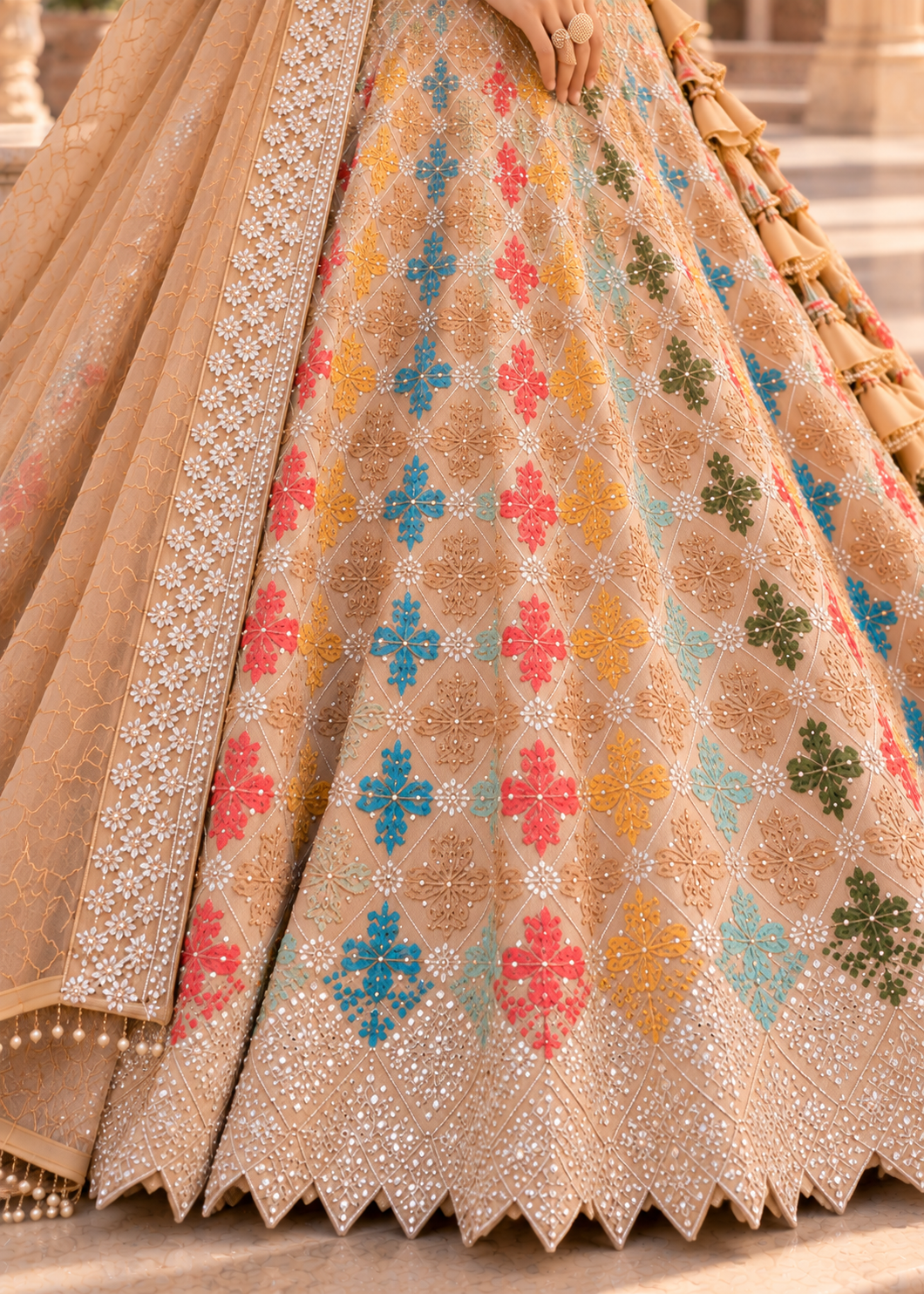 Beige Multicolor Star Georgette Sequin Lehenga Choli