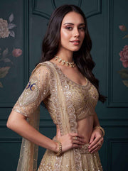 Beige Net Peacock Handwork Zari Sequin Lehenga Choli