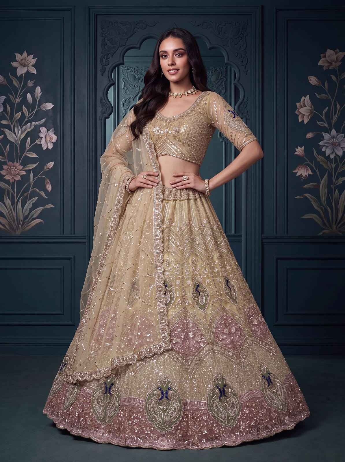 Beige Net Peacock Handwork Zari Sequin Lehenga Choli