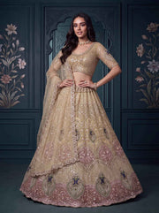Beige Net Peacock Handwork Zari Sequin Lehenga Choli