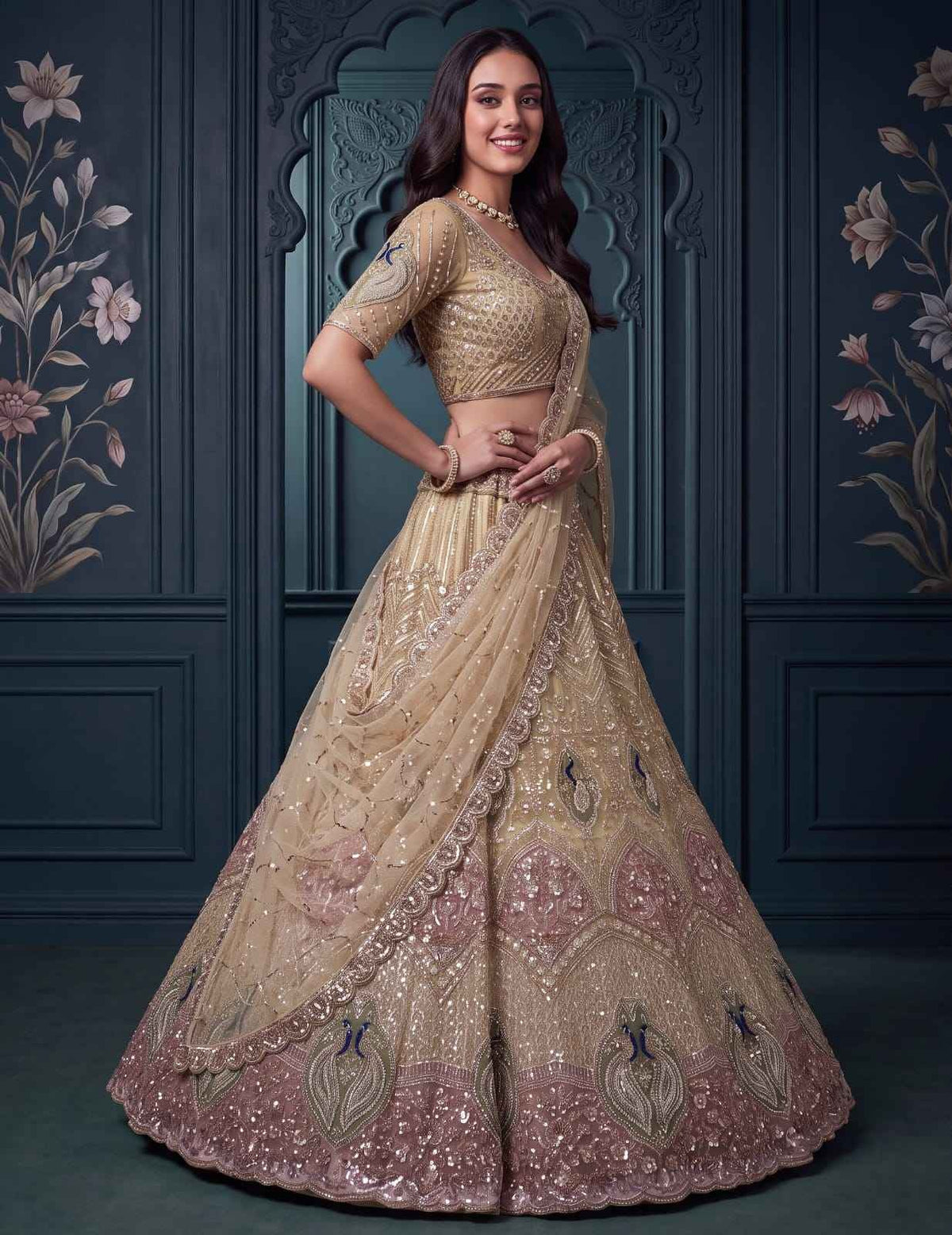 Beige Net Peacock Handwork Zari Sequin Lehenga Choli