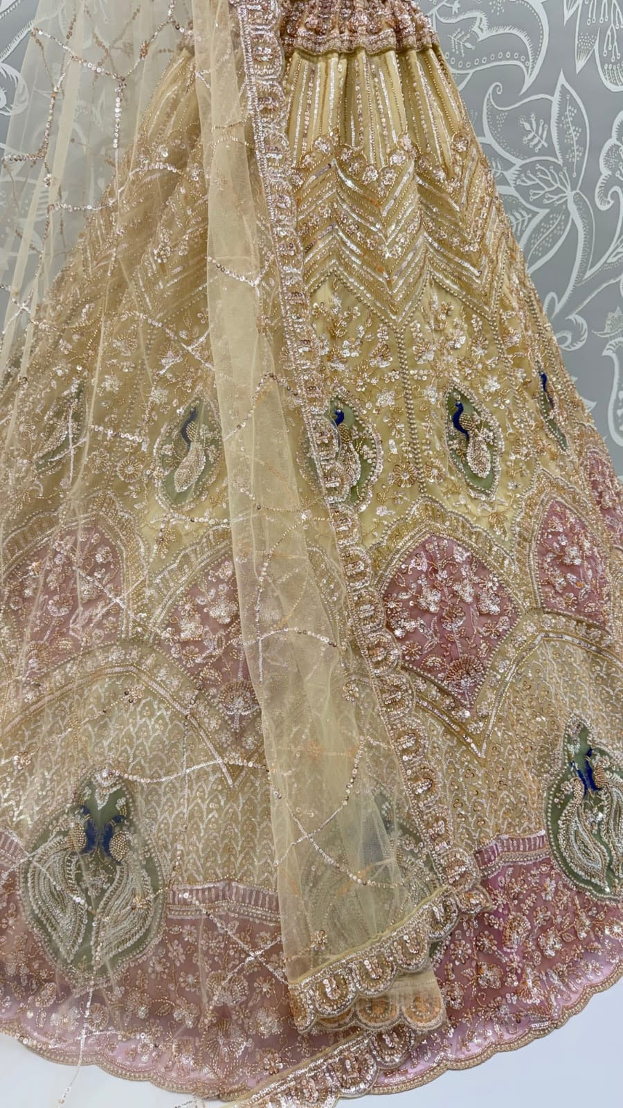 Beige Net Peacock Handwork Zari Sequin Lehenga Choli