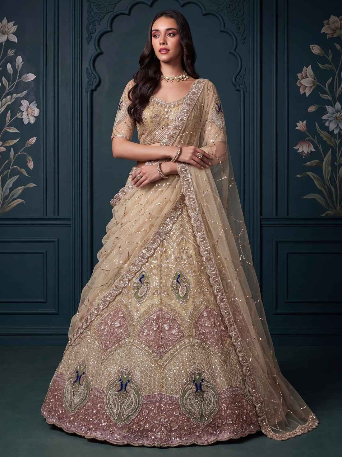 Beige Net Peacock Handwork Zari Sequin Lehenga Choli