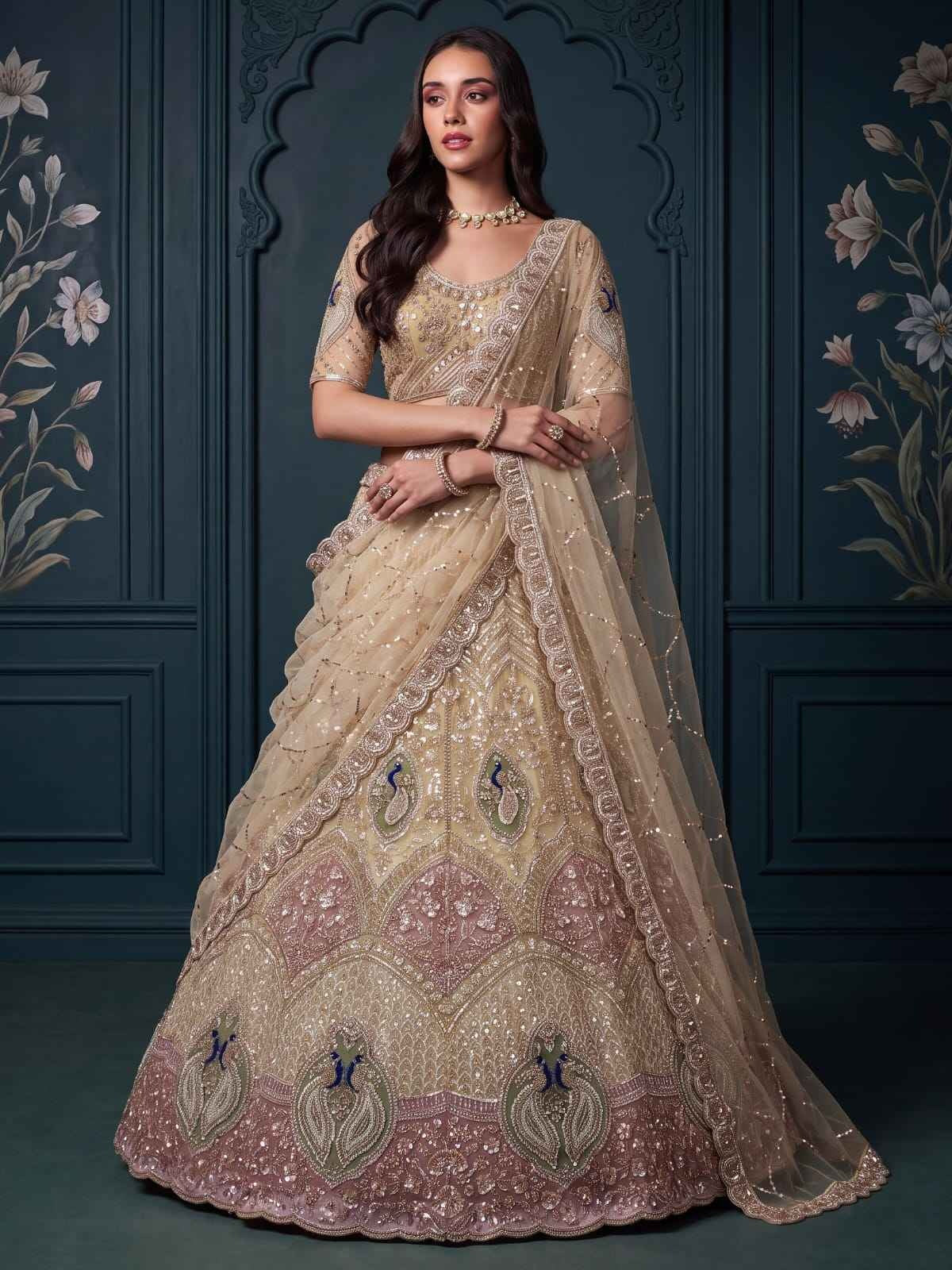 Beige Net Peacock Handwork Zari Sequin Lehenga Choli