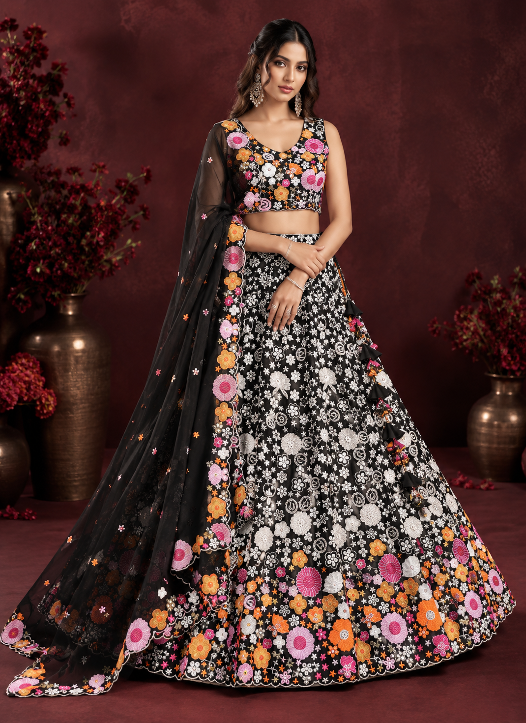Stunning Black Floral Embroidered Lehenga Set