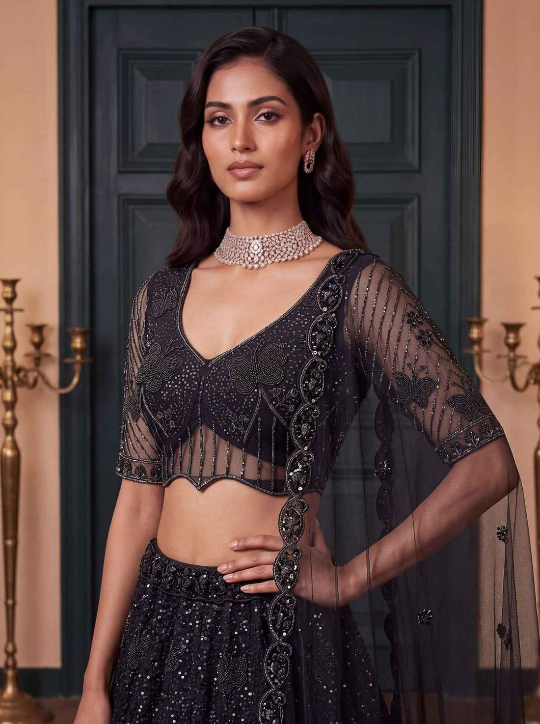 Black Net Zari Sequin Bridal Lehenga Choli with Soft Net Dupatta