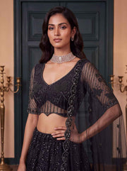 Black Net Zari Sequin Bridal Lehenga Choli with Soft Net Dupatta