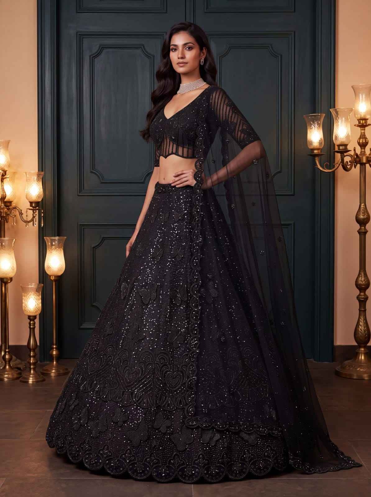 Black Net Zari Sequin Bridal Lehenga Choli with Soft Net Dupatta
