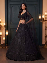 Black Net Zari Sequin Bridal Lehenga Choli with Soft Net Dupatta