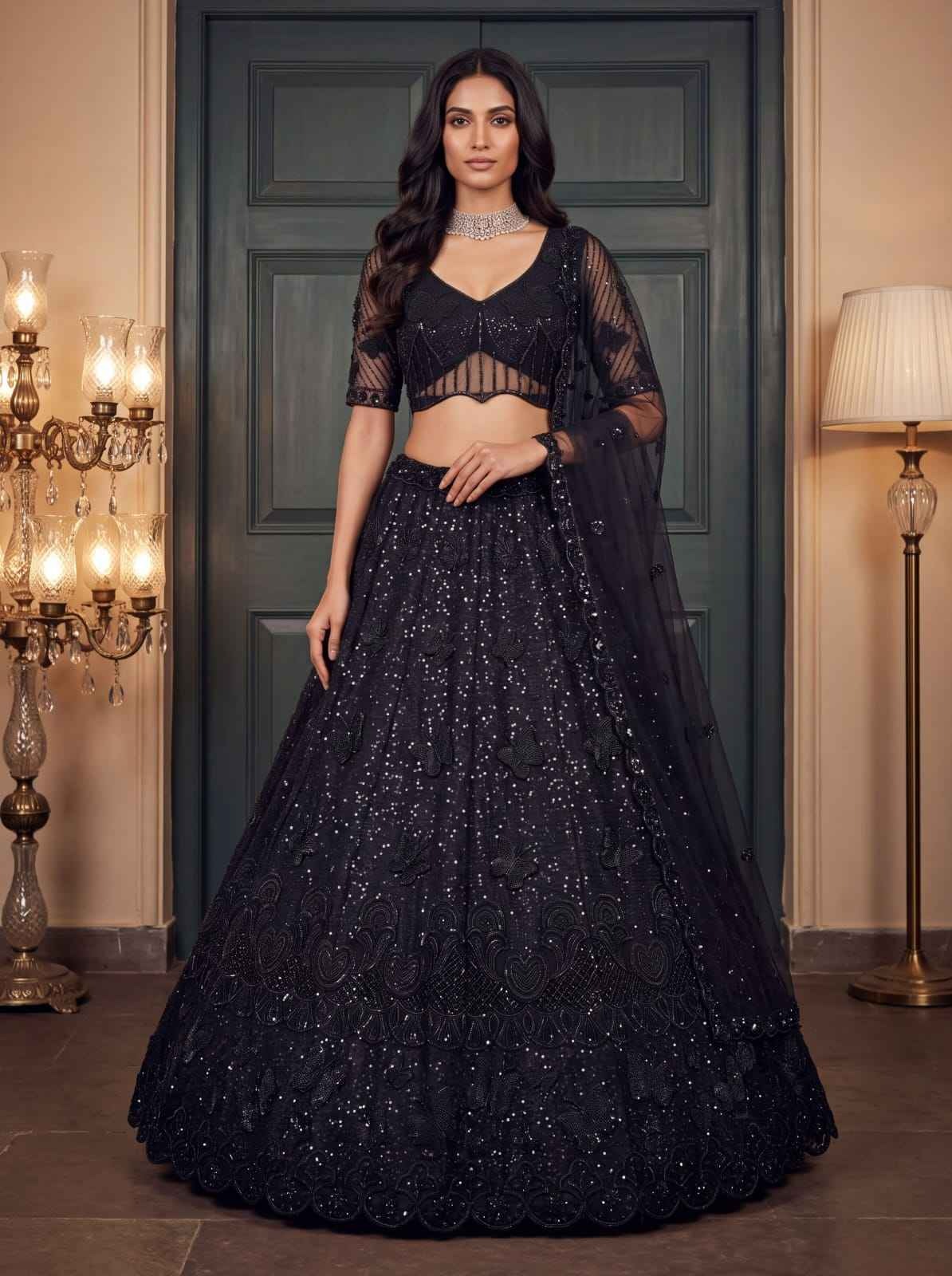 Black Net Zari Sequin Bridal Lehenga Choli with Soft Net Dupatta