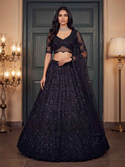 Black Net Zari Sequin Bridal Lehenga Choli with Soft Net Dupatta