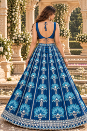 Blue Mirror Work Lehenga with Lotus Embroidery