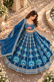 Blue Mirror Work Lehenga with Lotus Embroidery