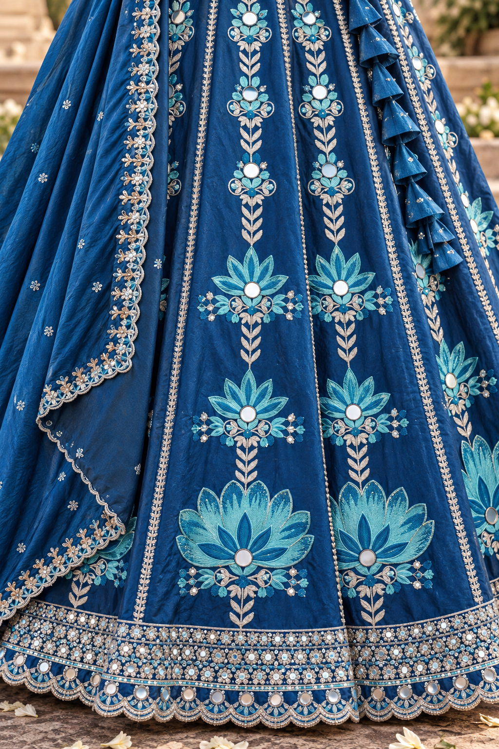 Blue Mirror Work Lehenga with Lotus Embroidery