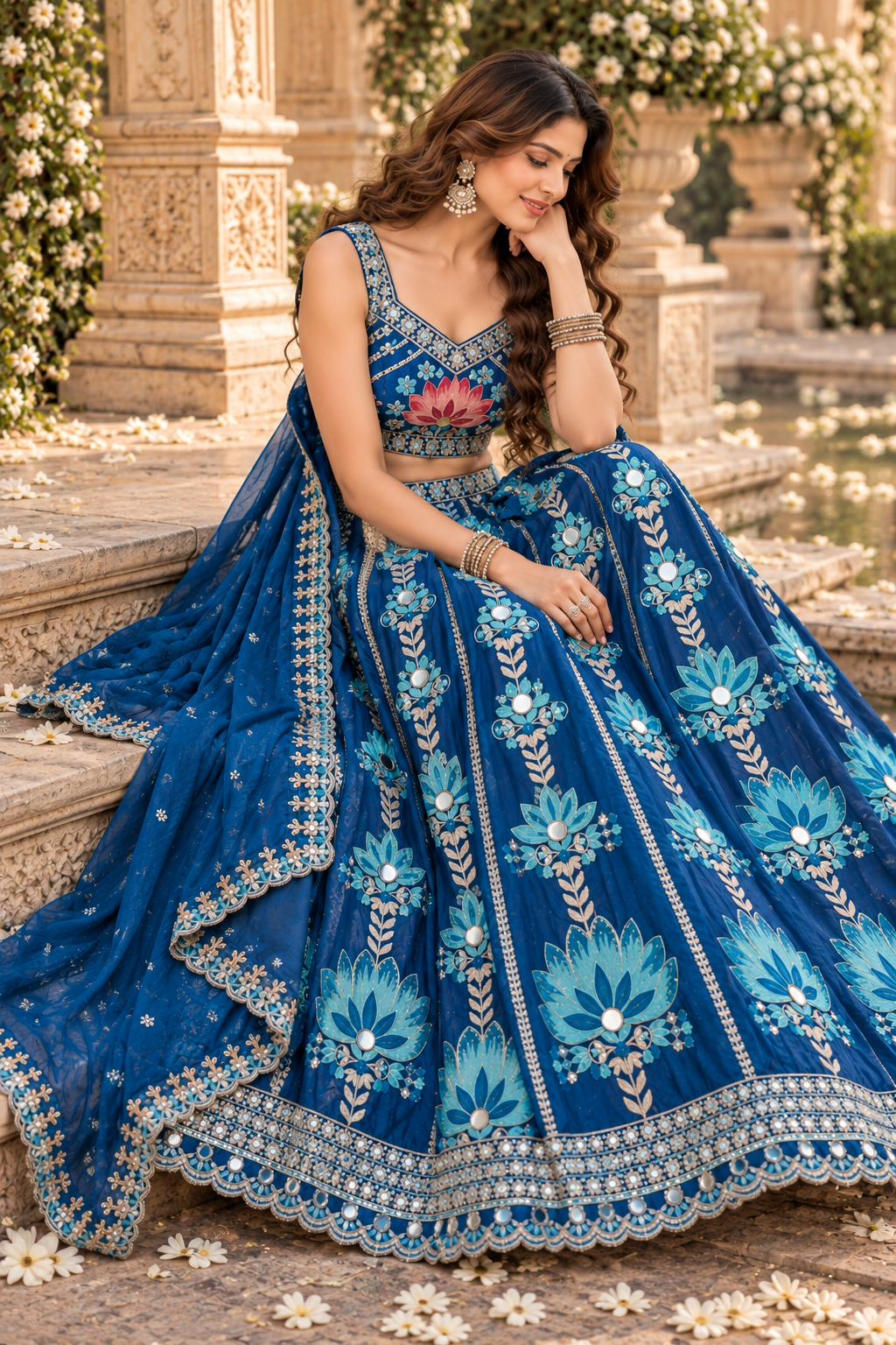 Blue Mirror Work Lehenga with Lotus Embroidery