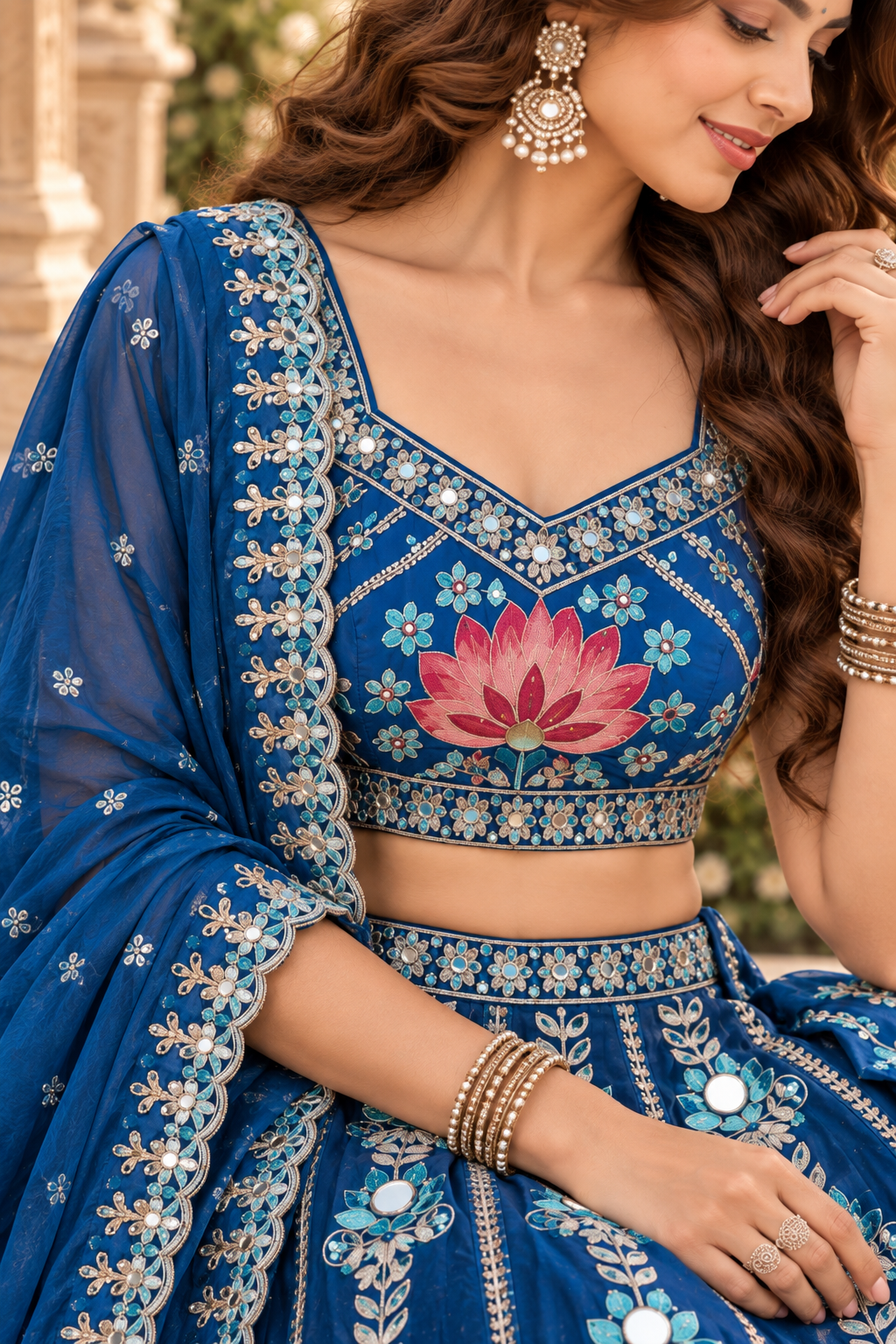 Blue Mirror Work Lehenga with Lotus Embroidery