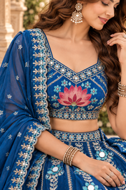 Blue Mirror Work Lehenga with Lotus Embroidery