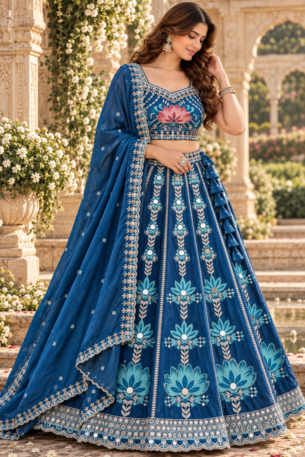 Blue Mirror Work Lehenga with Lotus Embroidery