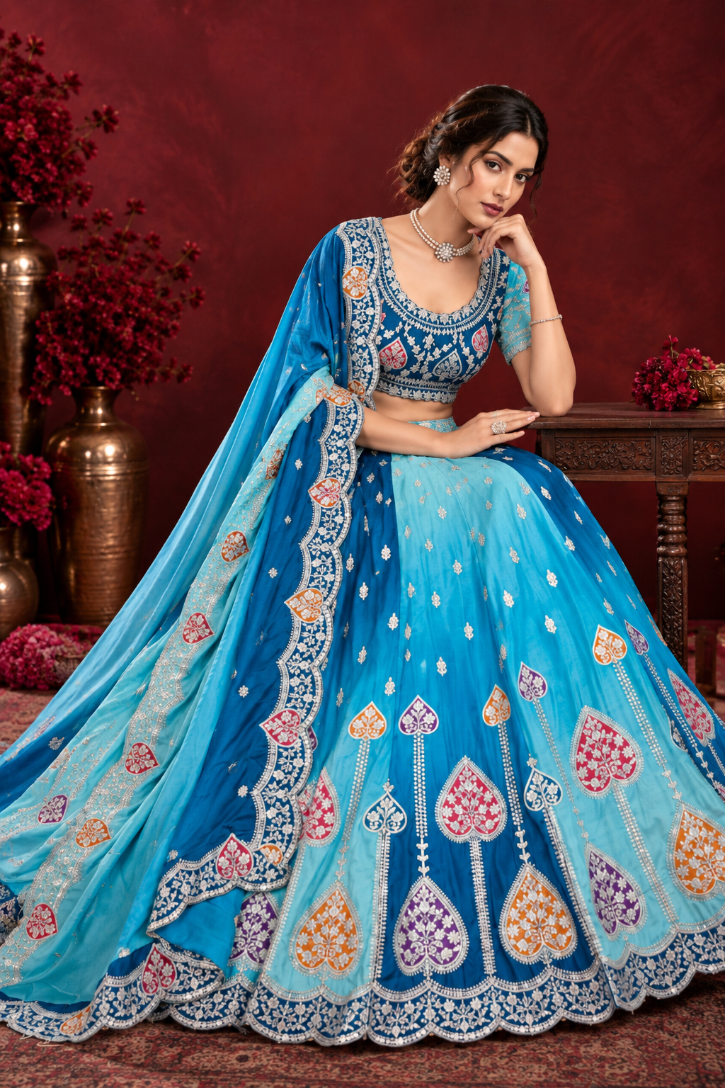 Blue Ombré Chinon Silk Sequin Lehenga Choli