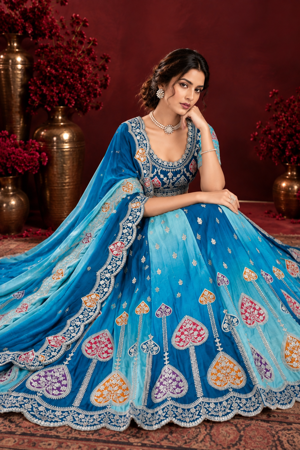 Blue Ombré Heart Motif Embroidered Lehenga Set