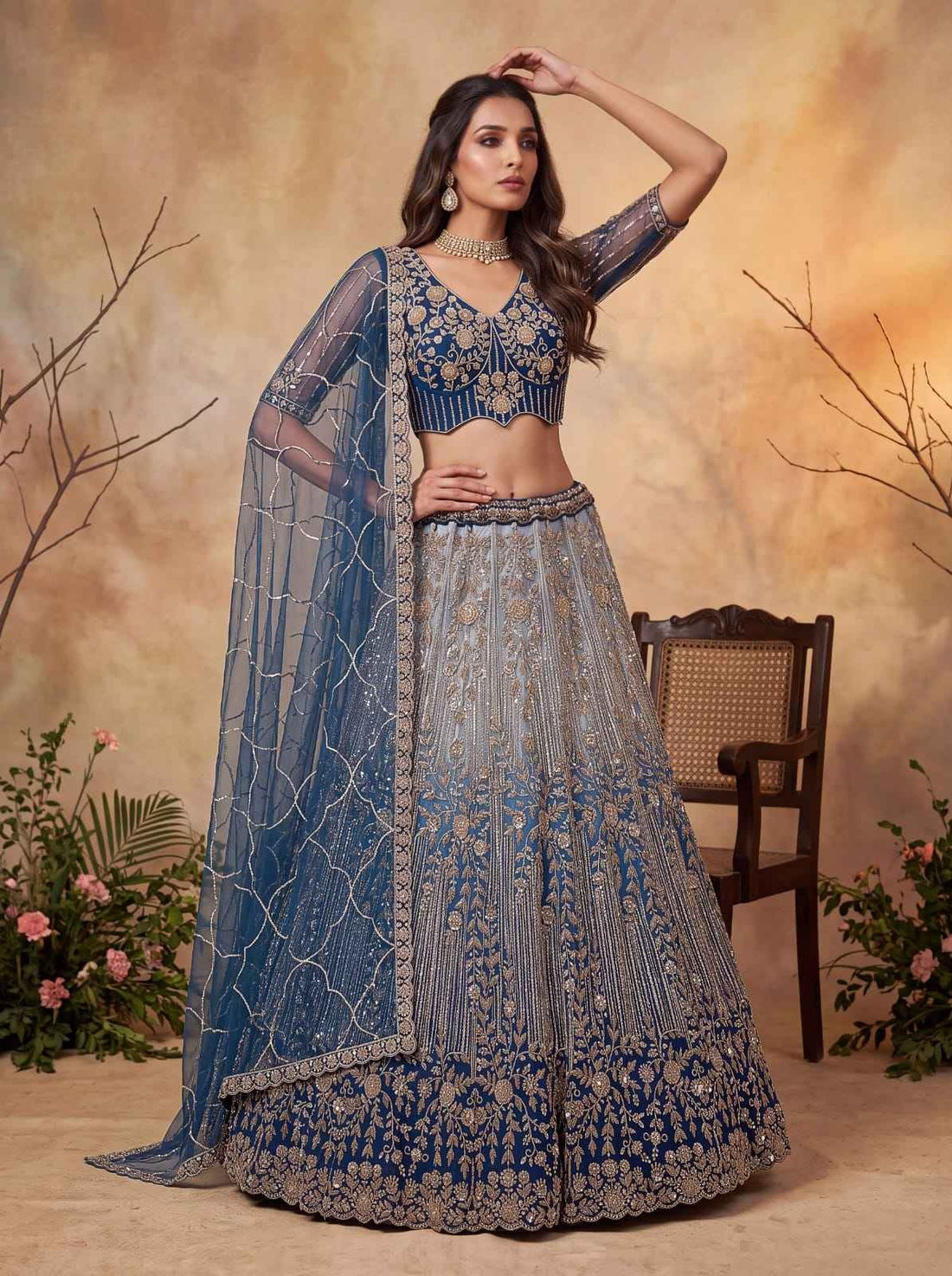 Blue Net Zari Sequin Bridal Lehenga Choli with Soft Net Dupatta