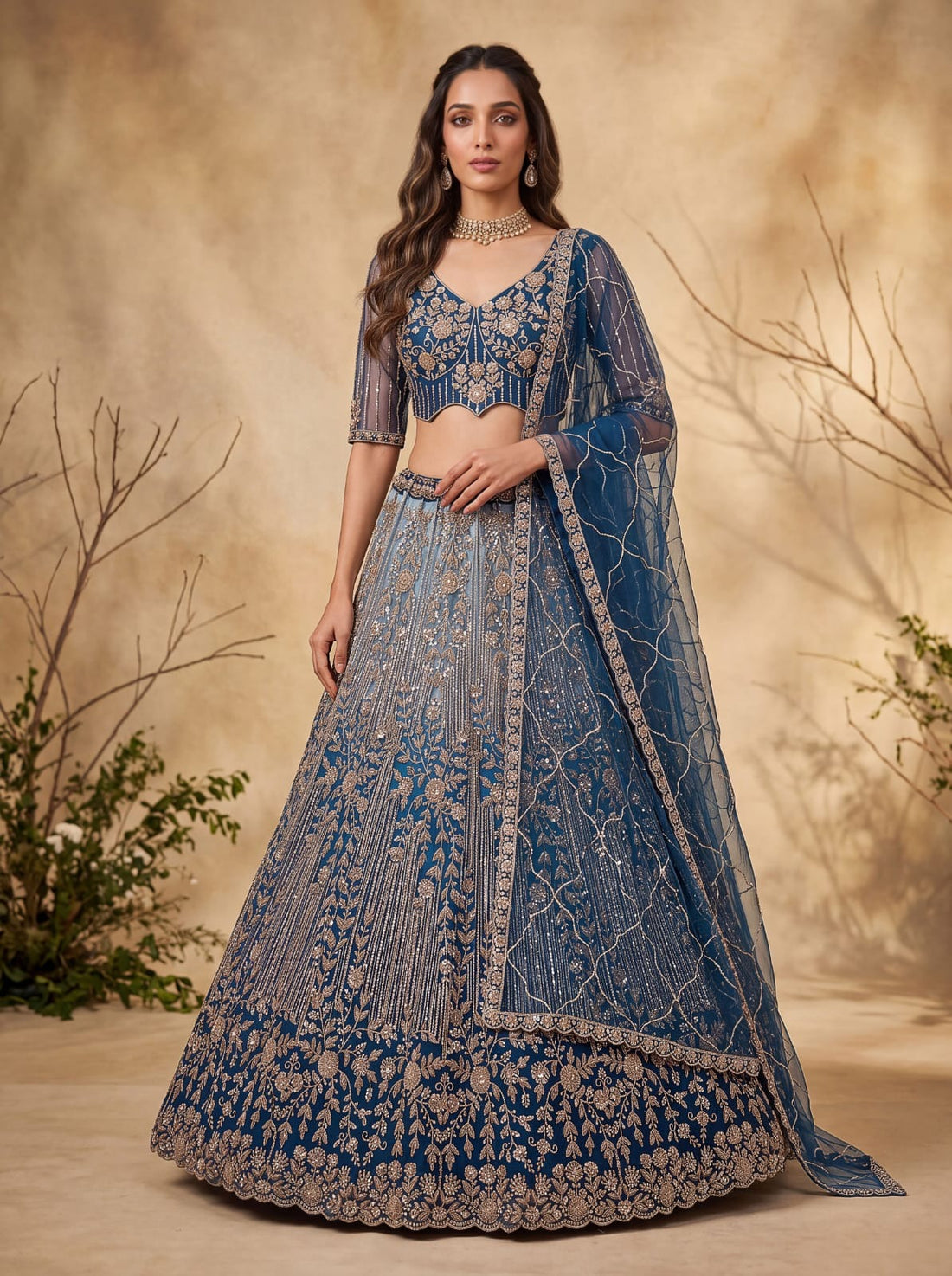 Blue Net Zari Sequin Bridal Lehenga Choli with Soft Net Dupatta