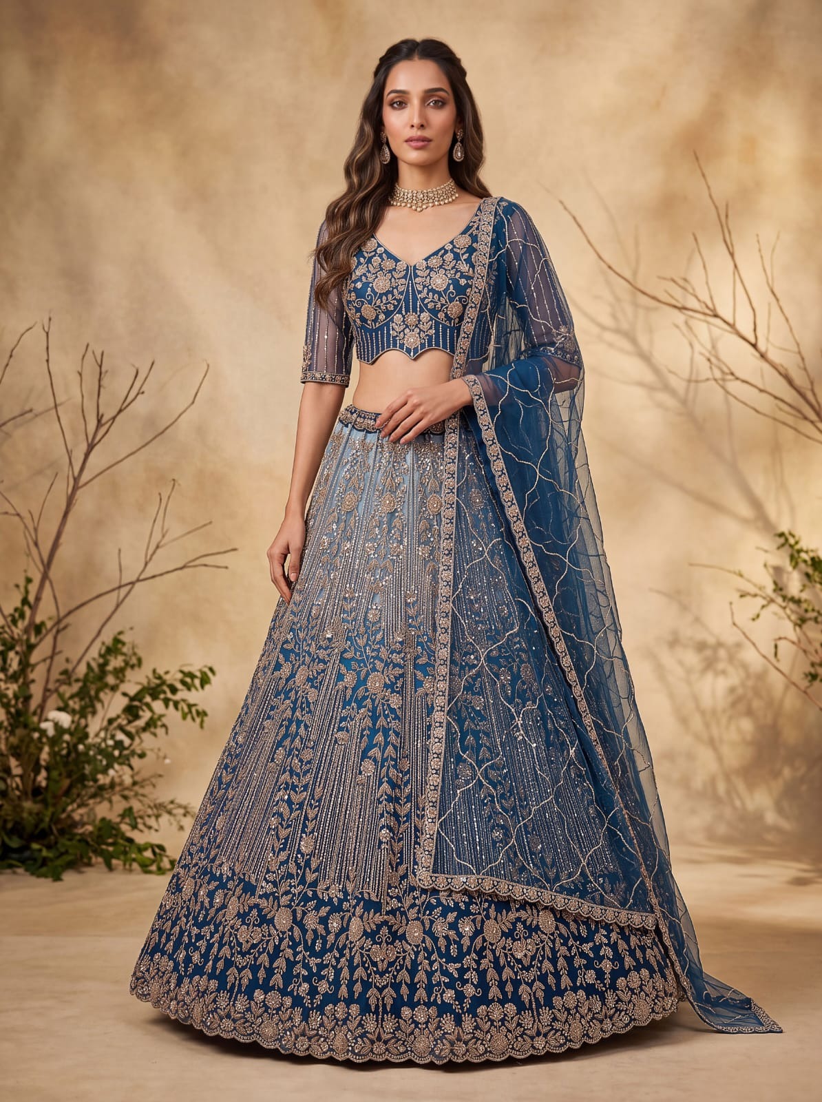 Blue Net Zari Sequin Bridal Lehenga Choli with Soft Net Dupatta