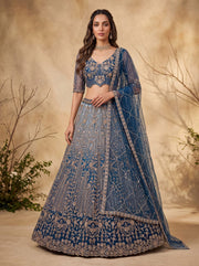 Blue Net Zari Sequin Bridal Lehenga Choli with Soft Net Dupatta