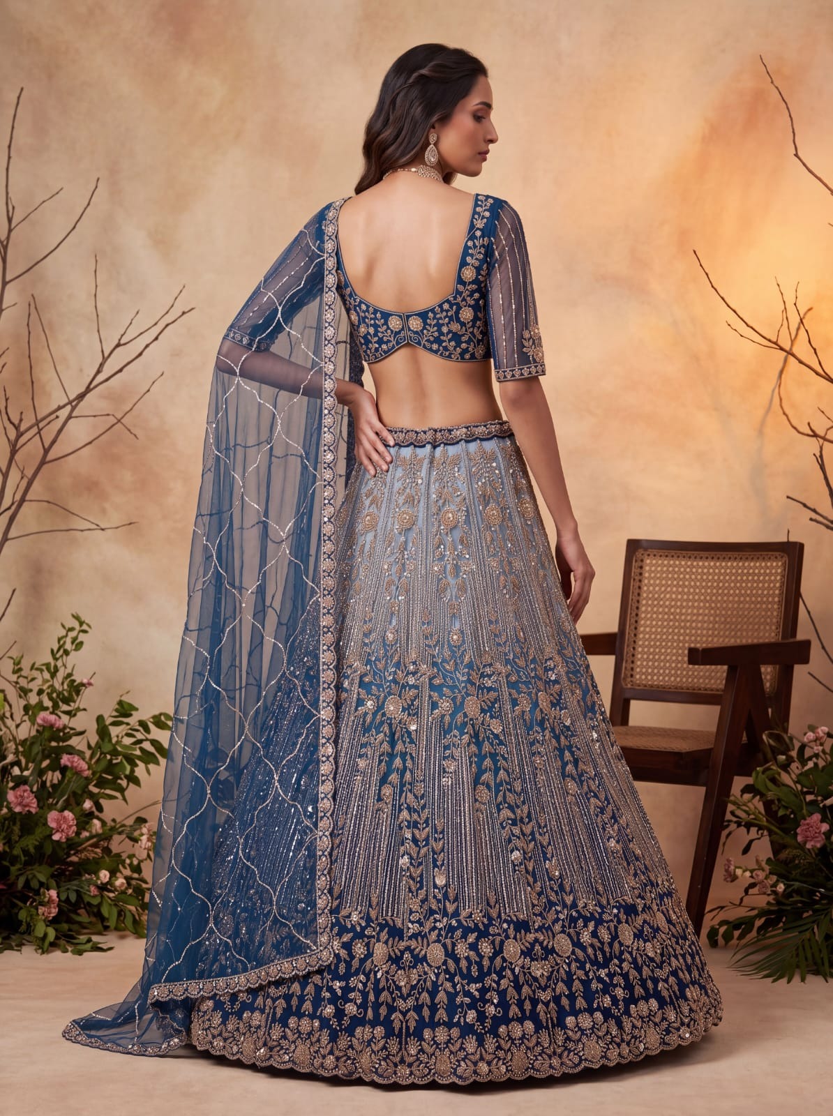 Blue Net Zari Sequin Bridal Lehenga Choli with Soft Net Dupatta