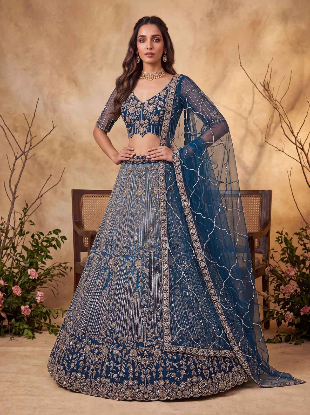 Blue Net Zari Sequin Bridal Lehenga Choli with Soft Net Dupatta